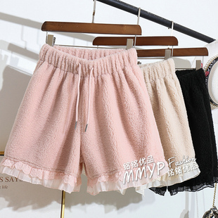 小个子阔腿裤 秋冬款 新款 女外穿配靴子2025冬季 子 加厚花边毛毛短裤