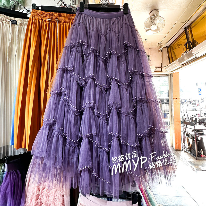 重工！钉珠不规则网纱蛋糕半身裙