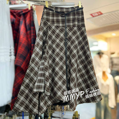 复古不规则裙摆格子半身裙