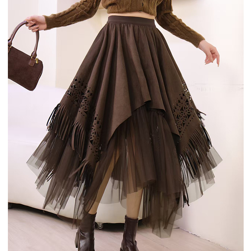 美拉德麂皮绒流苏拼接网纱半身裙女秋冬2025新款不规则a字蓬蓬裙