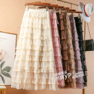 设计感欧根纱网纱半身裙女春季2026新款高腰显瘦蛋糕纱裙半裙长裙