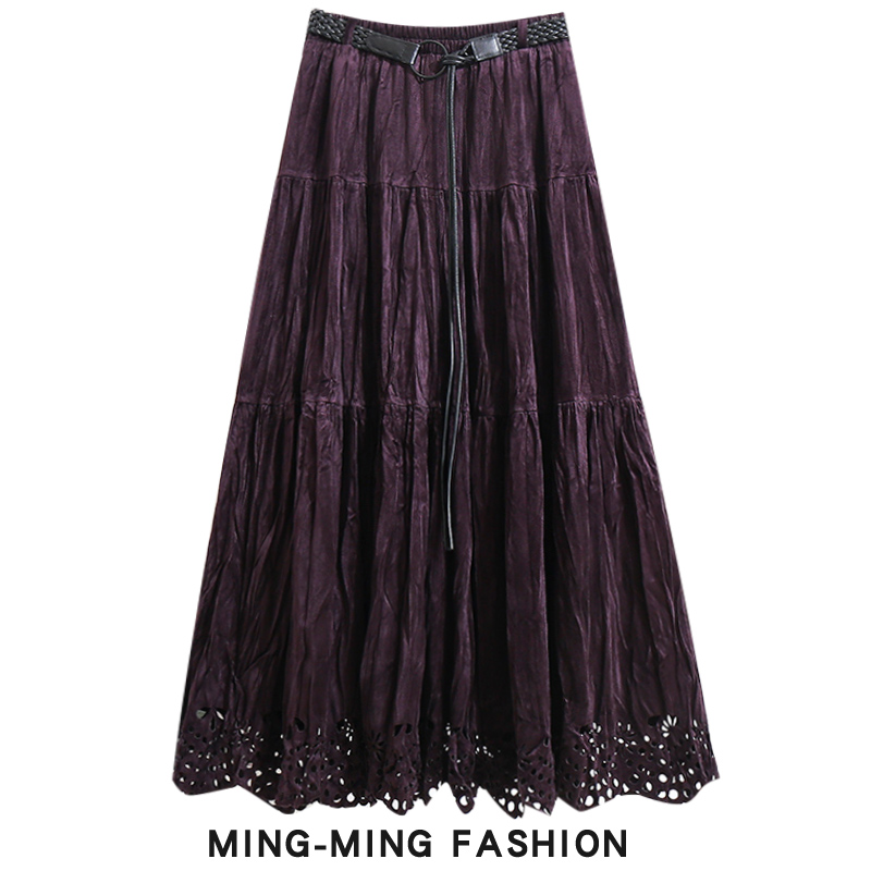 高级感紫色镂空裙摆拼接丝绒半身裙女冬季2025新款显瘦蛋糕裙长裙
