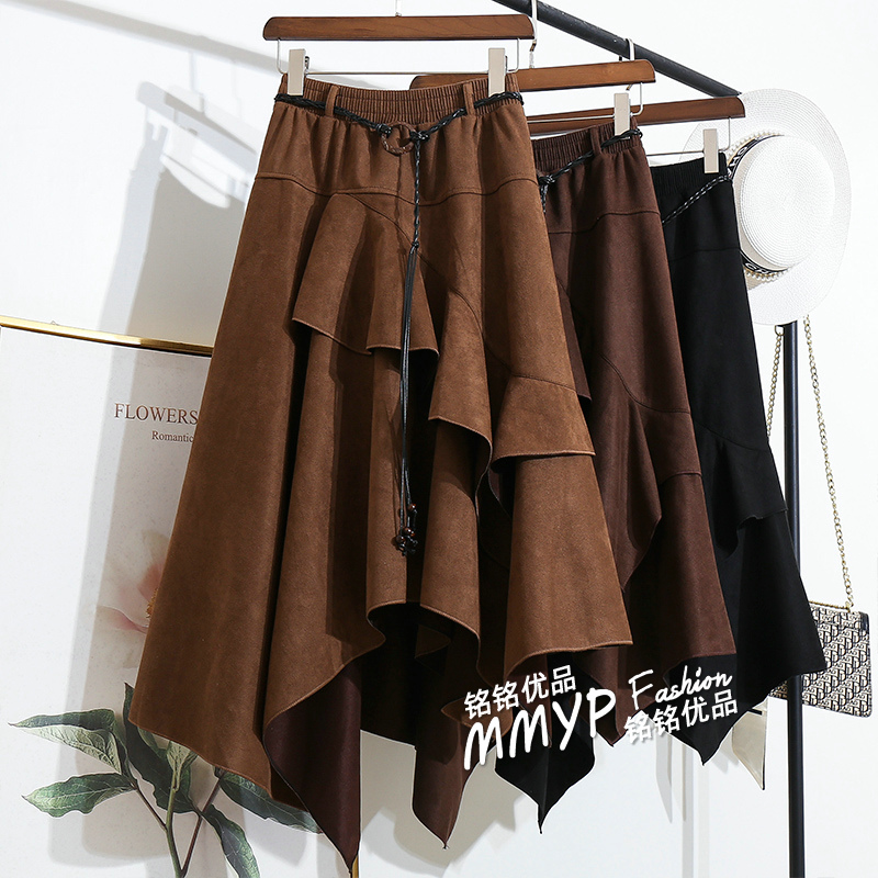 爆款！不规则荷叶边麂皮绒半身裙