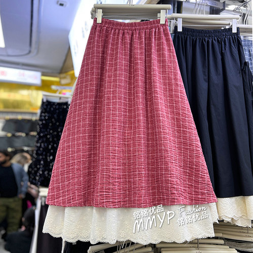 设计感花边格子棉麻半身裙女2026春季新款流行好看蓬蓬裙A字长裙