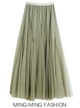 垂感大摆绿色纱裙带钻网纱半身裙春夏女小个子2026裙子长裙半裙