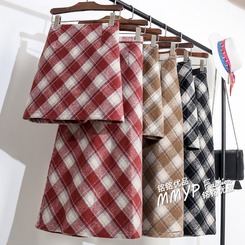 圣诞红色加厚毛呢格子半身裙半裙