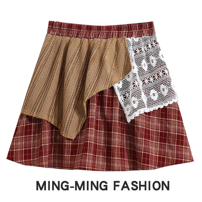 设计感蕾丝拼接不规则格子短裙