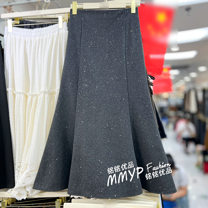 高级好看！亮片灰色毛呢半身裙