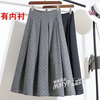 灰色磨毛加厚毛呢波点百褶半身裙