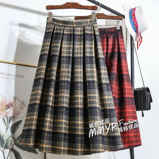 2025新款冬天圣诞红色毛呢格子半身裙秋冬女半裙百褶长裙伞裙冬裙