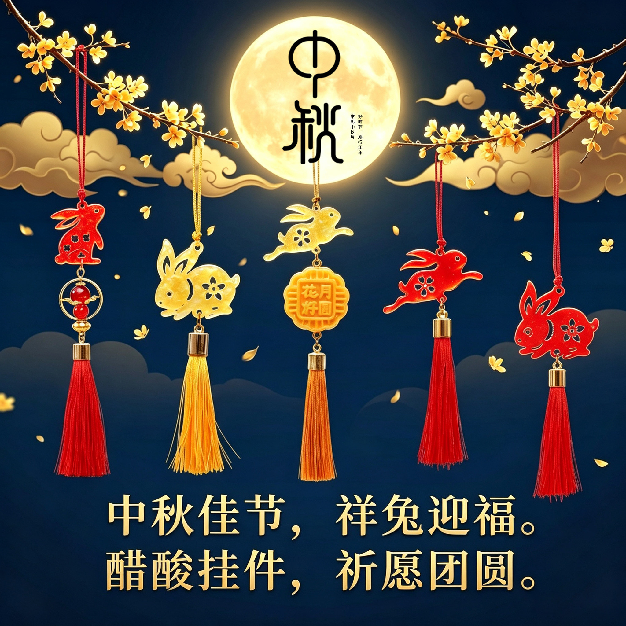 中秋节吉祥物仿贝壳物业赠送兔子中秋挂件商场公司月饼礼盒挂件