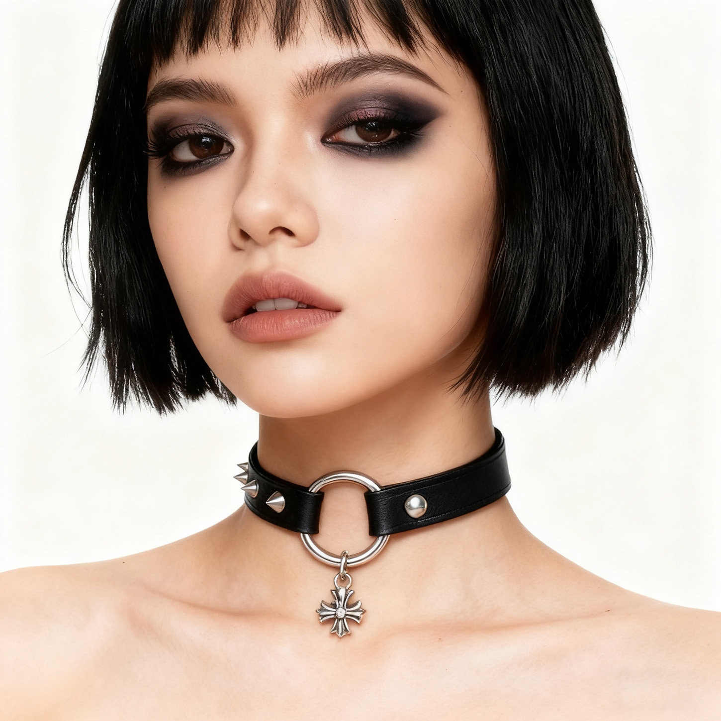 choker皮质项圈铆钉圆环十字吊坠朋克风辣妹颈链个性脖颈甜酷颈饰