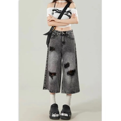 高个子美式复古破洞阔腿牛仔裤女夏2025新款遮肉设计感直筒七分裤