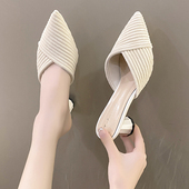 女夏外穿女士尖头高跟鞋 时尚 懒人凉拖鞋 试衣间包头半拖鞋 半拖单鞋