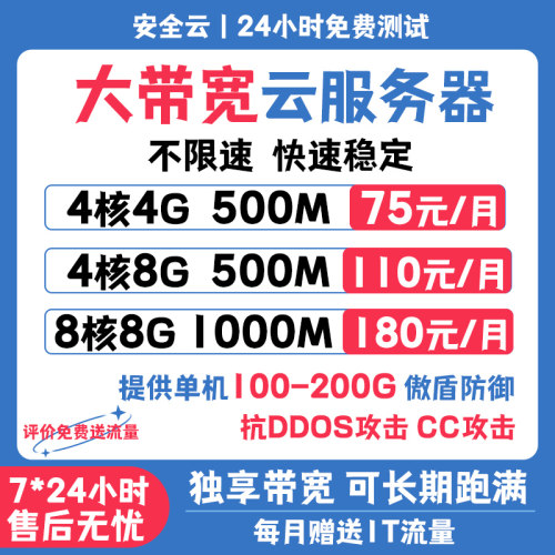 大带宽高防云服务器租用1000M独享不限速云主机租赁传奇游戏建站