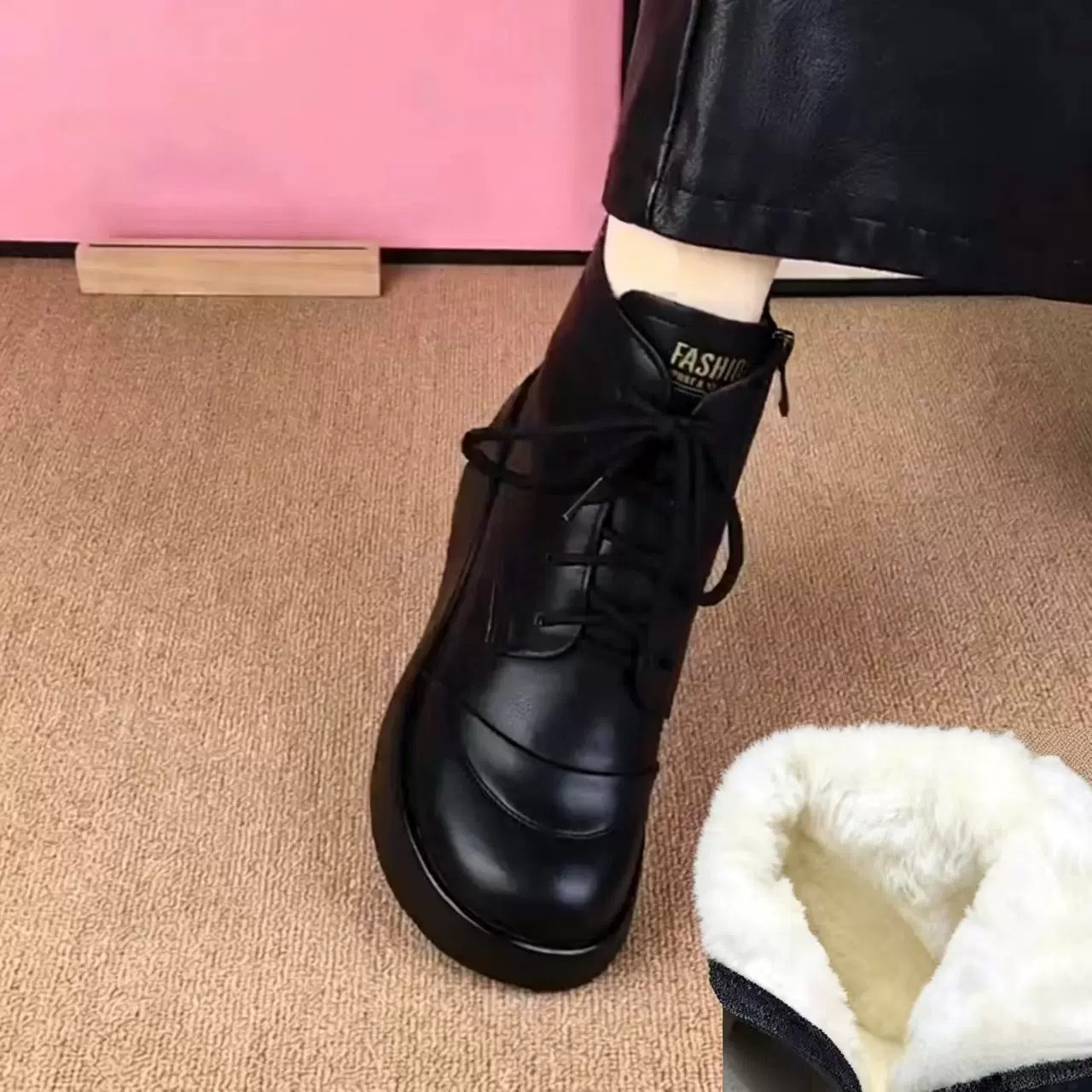 真皮厚底坡跟马丁短靴女秋冬百搭