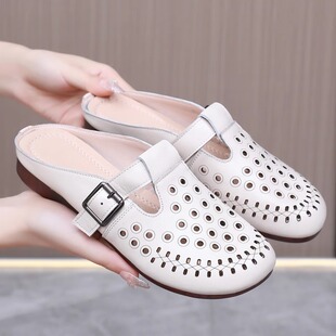 包头拖鞋女外穿2025夏季新款真皮时尚牛筋软底妈妈半拖镂空凉拖鞋