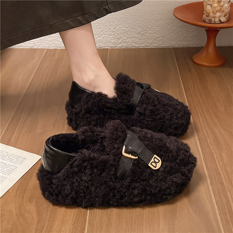 黑色厚底毛毛鞋女增高羊羔绒拖鞋保暖2025冬季新款豆豆鞋女士棉鞋