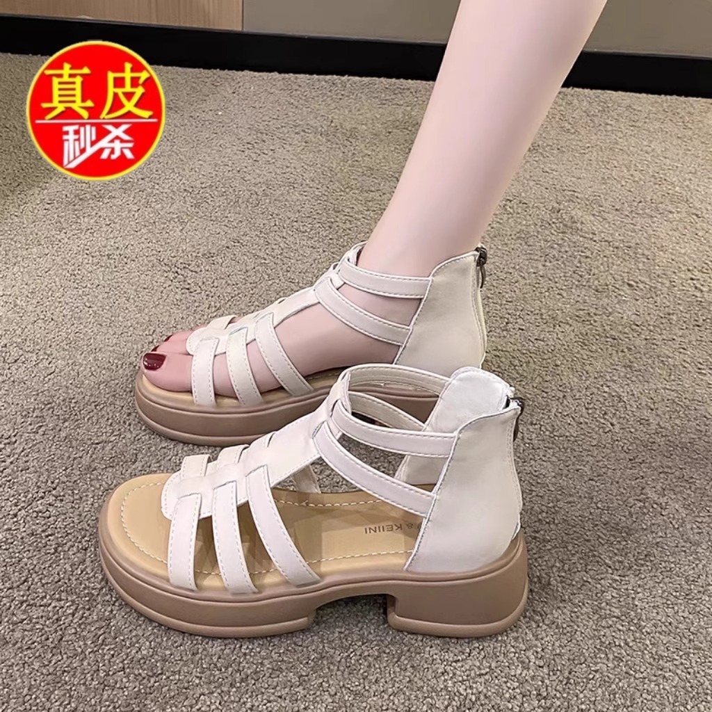 红青蜓真皮厚底罗马凉鞋女2025夏季新款松糕软底露趾沙滩凉鞋女鞋