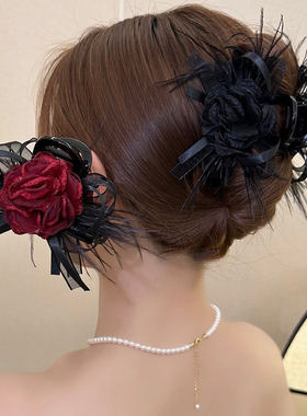 跨境韩系抓夹羽毛玫瑰花朵发夹女士后脑勺半扎发鲨鱼夹山茶花发饰