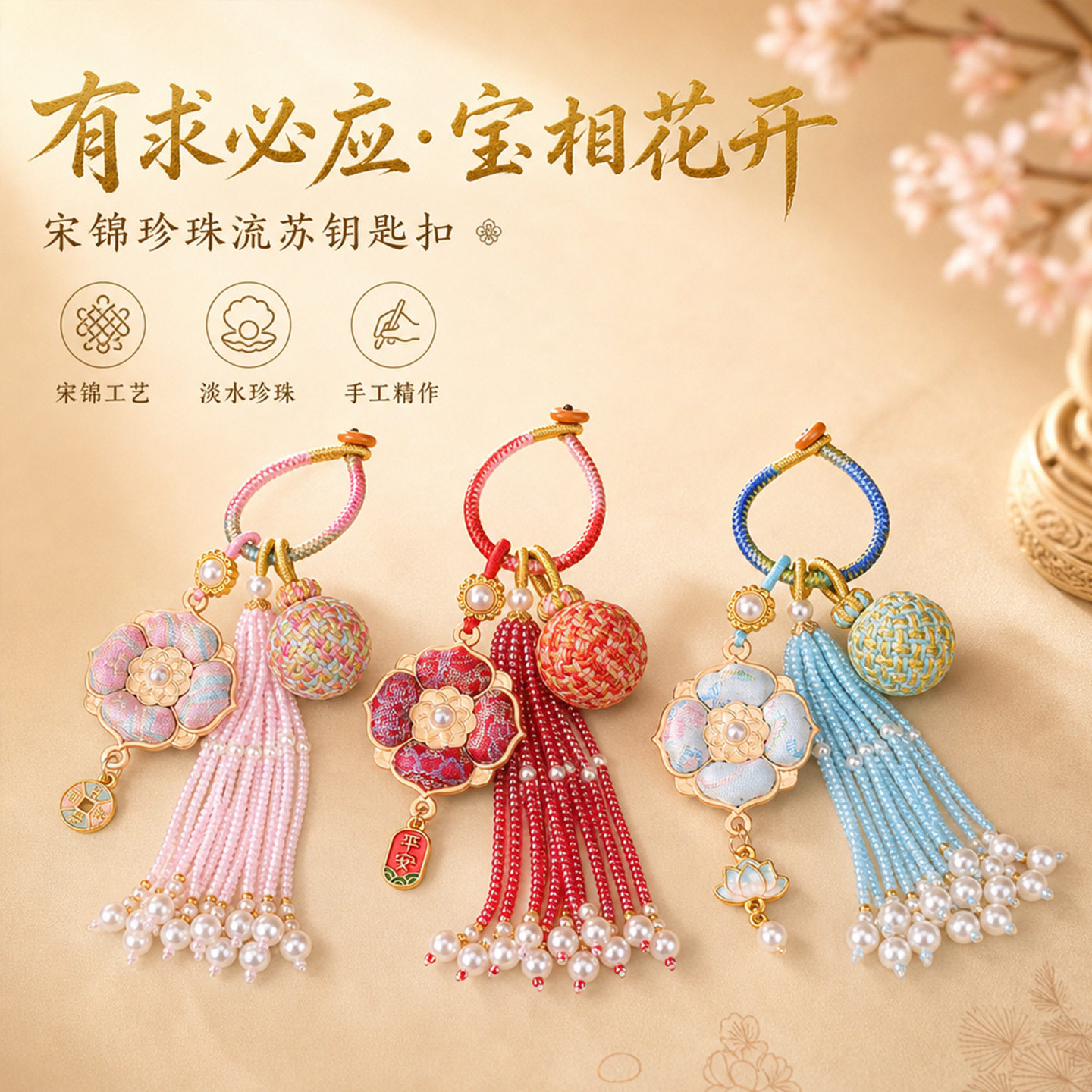 宋锦宝相花玲珑球流苏挂件