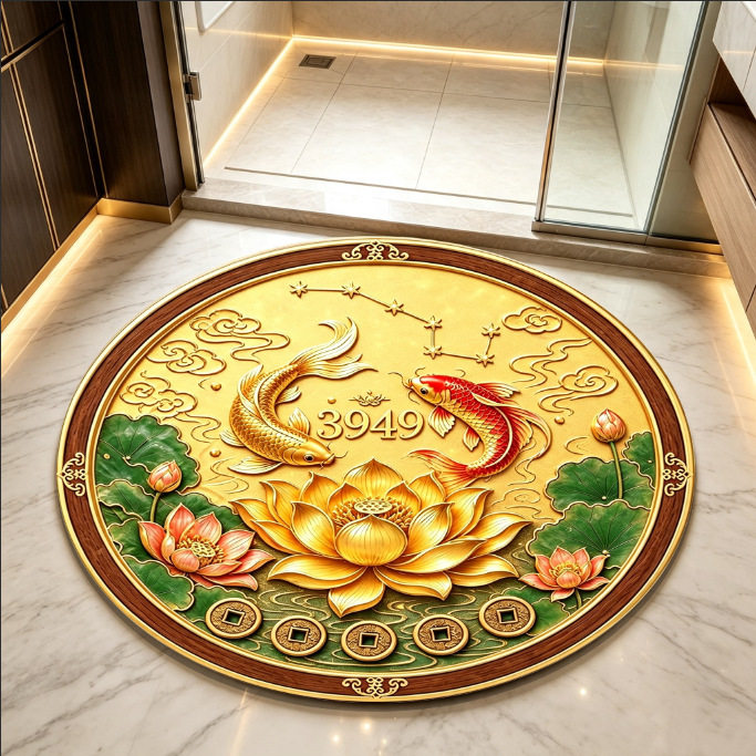 中式圆形锦鲤招财吸水防滑门垫