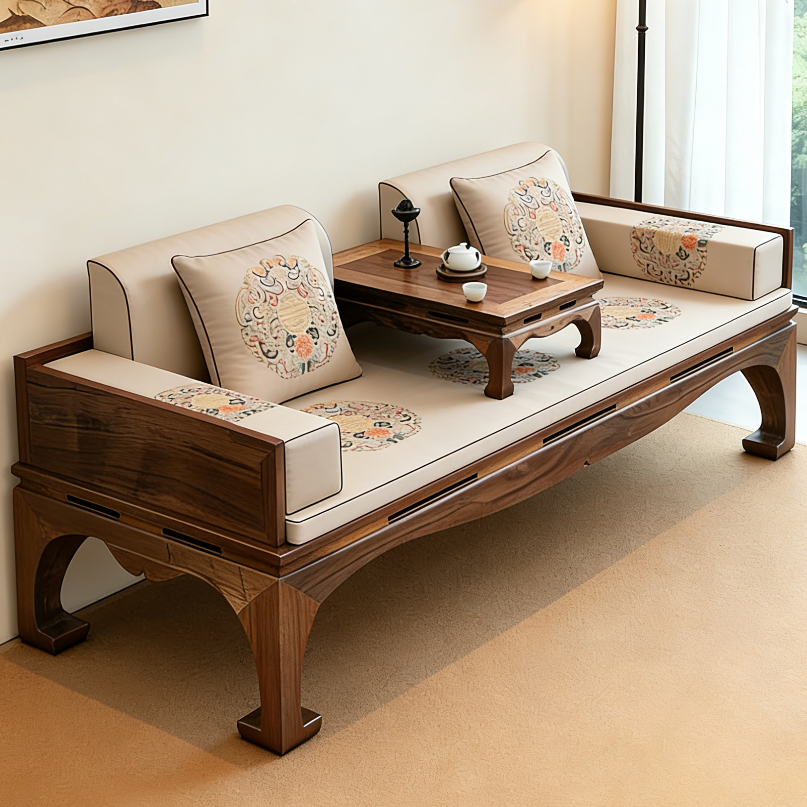 定制椰棕罗汉床垫中式实木沙发乳胶垫亚麻刺绣花海绵坐垫四季通用