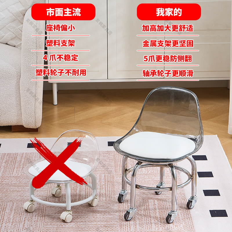 加高亚克力静音轮防侧翻矮凳小椅子儿童学步万向轮凳子非不锈钢