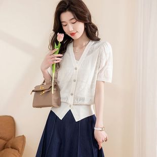 女士短袖开衫爆款外搭短款小个子防晒披肩冰丝外套夏天上衣白色