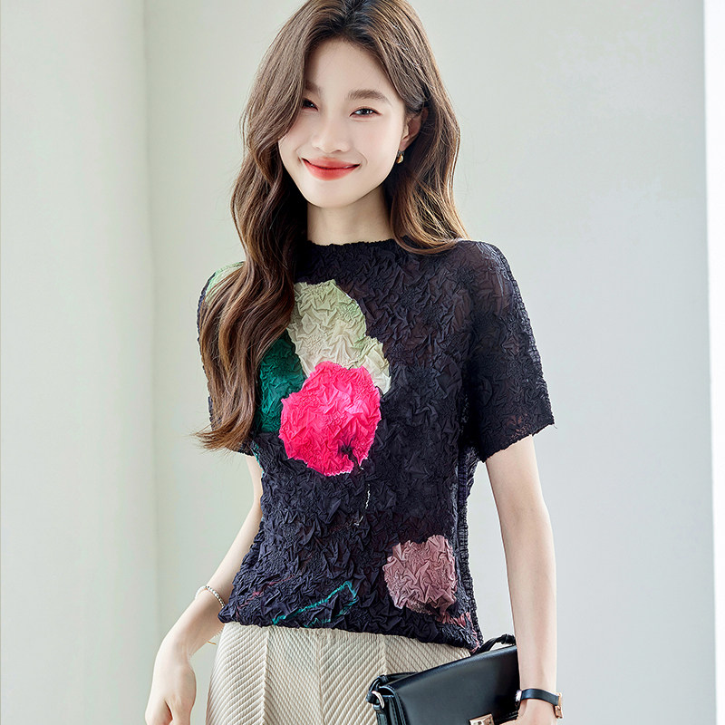 法式褶皱印花蕾丝衫女短袖圆领修身显瘦百搭上衣 大花碎花渐变T恤