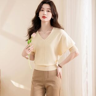品瑟8099春夏V领纯色针织气质宽松薄款 百搭洋气套头显瘦T恤女 时尚