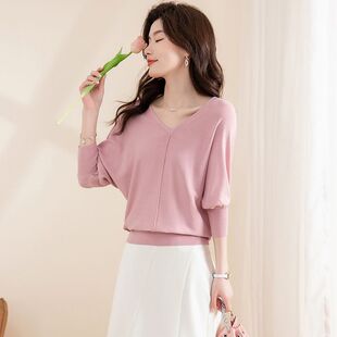 时尚 7分袖 洋气显瘦v领套头上衣 春夏纯色宽松针织气质薄款 8099