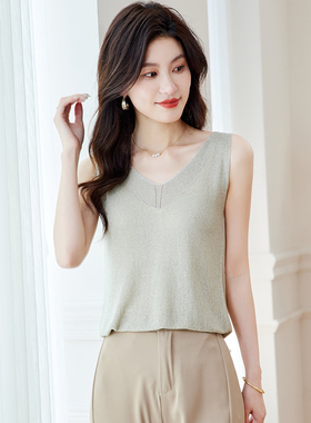 金丝亮丝V领吊带背心女内搭无袖大码薄款冰丝针织打底衫夏季81809