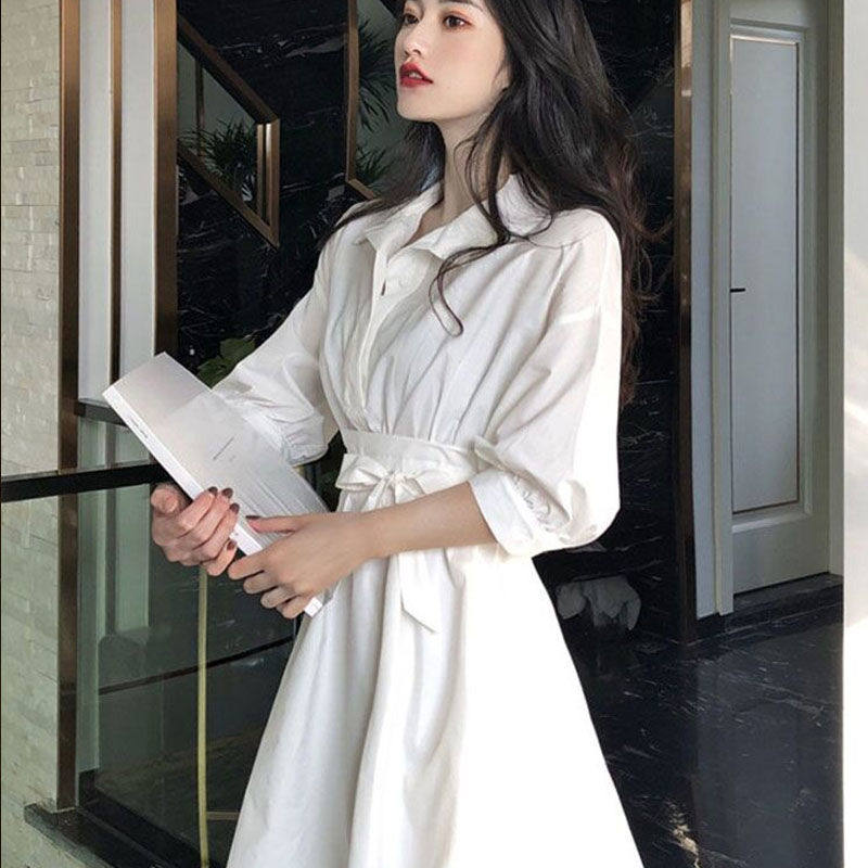 品瑟6666中长款白衬衫女 纯棉系带收腰  中袖白衬衫 气质显瘦轻熟