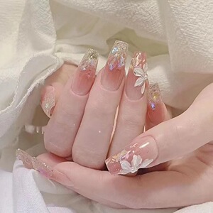 纯手工美甲穿戴甲指甲贴高级轻奢腮红闪钻奢华冰透裸色珍珠闪粉