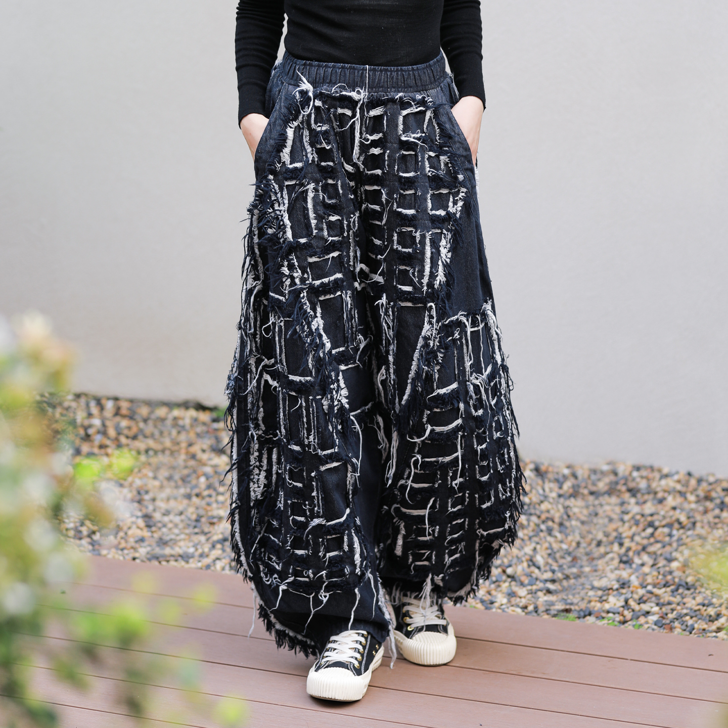 古石后原创布衣秋冬黑色裤子宽松大码设计感毛边乞丐风纯棉灯笼裤