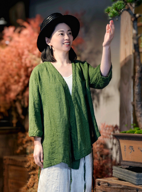 古石后原创新中式绿色衬衫上衣女夏季亚麻薄款九分袖交领系带茶服