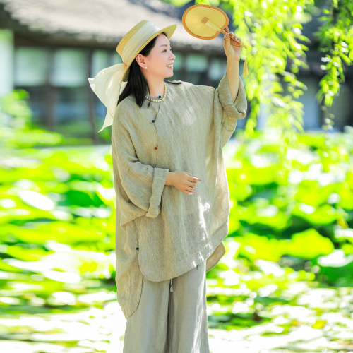 古石后原创布衣新中式上衣女高级感亚麻圆领大码蝙蝠袖中长款衬衫