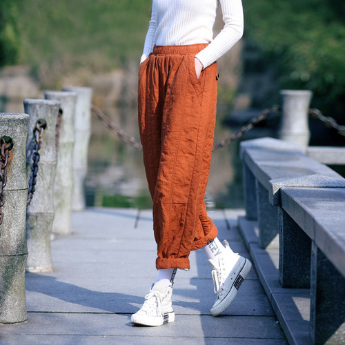 古石后亚麻加厚松紧腰休闲棉裤