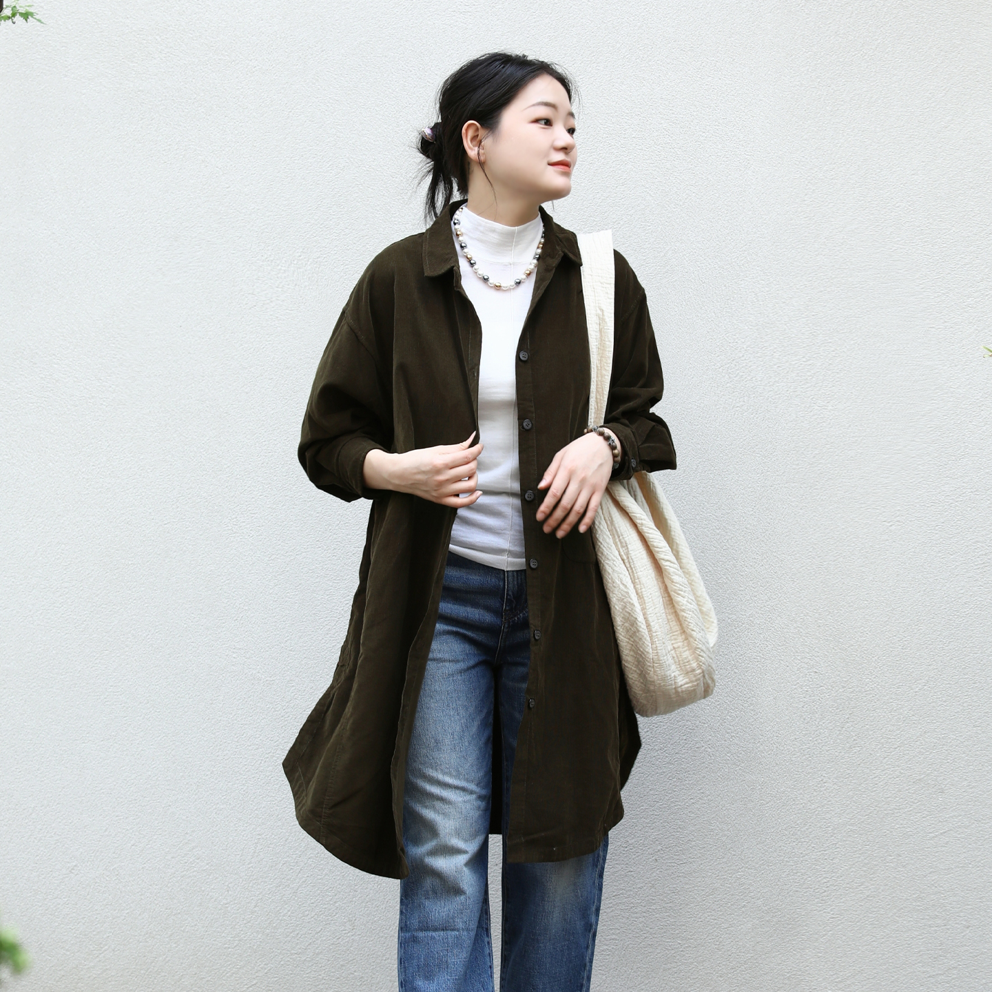 古石后原创布衣衬衫外套女秋冬纯棉灯芯绒复古长袖翻领中长款上衣