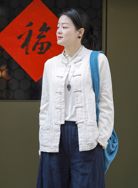 古石后原创新中式衬衫厚外套女春秋季亚麻中国风盘扣对襟唐装上衣