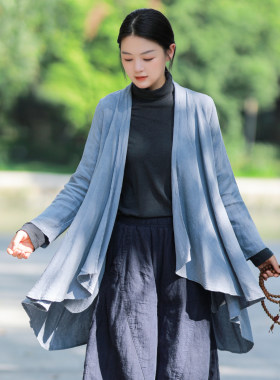 古石后宽松亚麻禅意风开衫外套