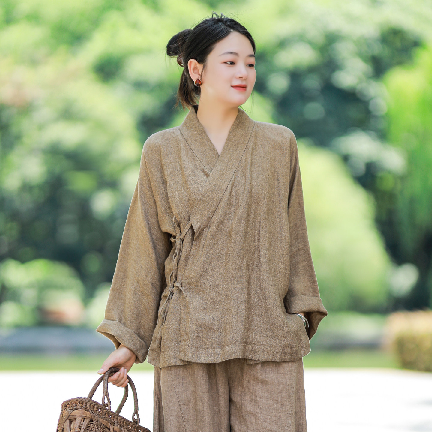 古石后原创布衣中式亚麻上衣女秋复古交领禅意风茶服长袖衬衫外套