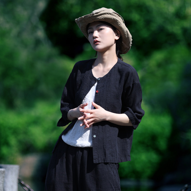 古石后原创布衣黑色衬衫女夏圆领休闲亚麻开衫外搭五分袖宽松上衣