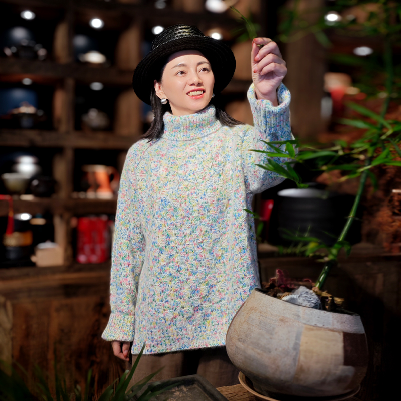 古石后高端纯山羊绒高领厚毛衣