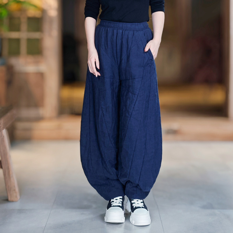 古石后原创布衣夹棉棉裤女外穿秋冬高端亚麻裤子宽松阔腿裤灯笼裤