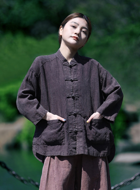 古石后原创布衣新中式宽松上衣女衬衫亚麻做旧对襟改良唐装外套