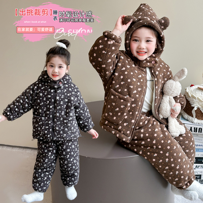 女童三层加绒碎花冬季保暖两件套