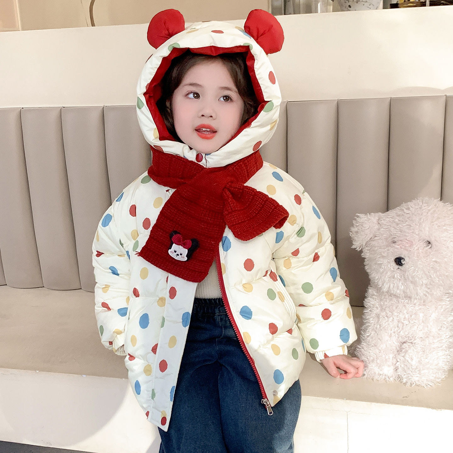 女童连帽波点棉服冬季加厚保暖
