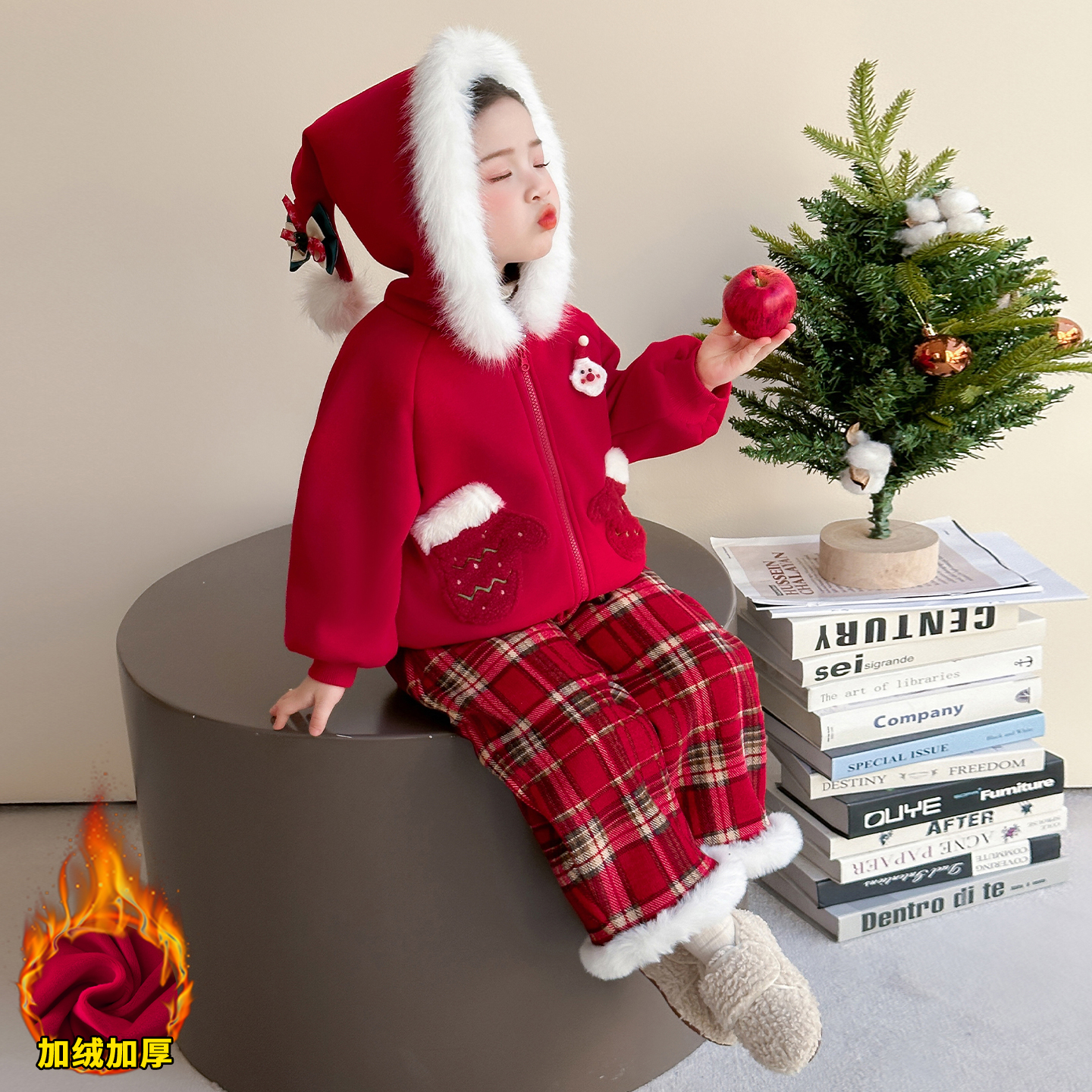 中国风女童加绒圣诞帽套装